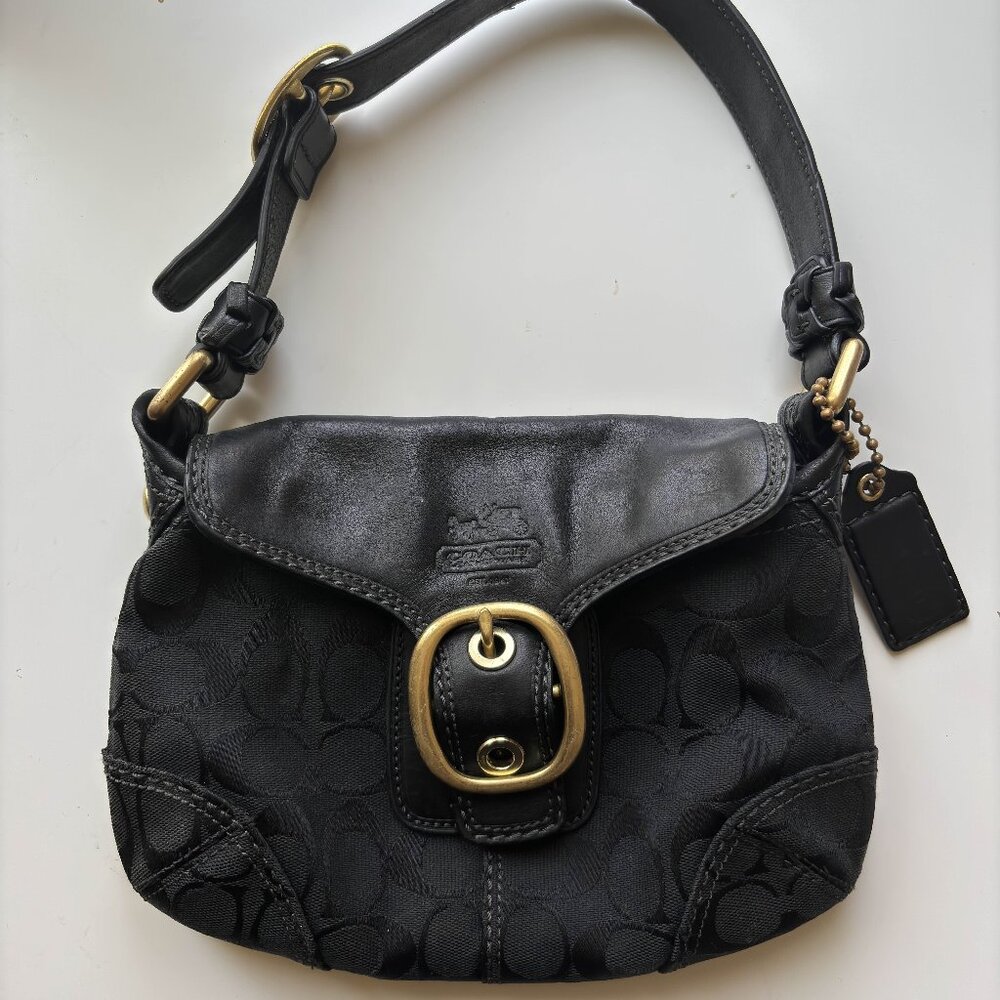 Coach H0773-11441 Signature Mini Shoulder Bag, Black Leather, Gold-tone